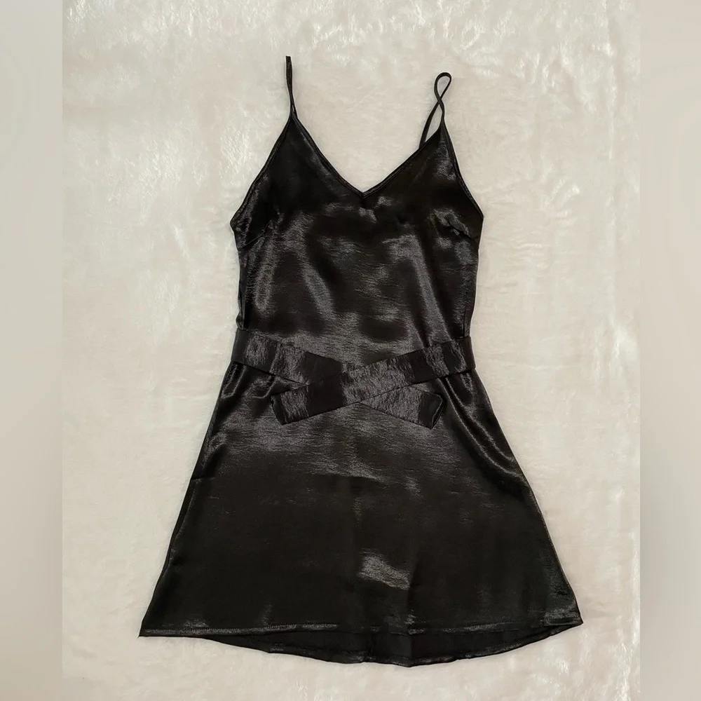 BNWT Sexy Little Black Dress LBD Silky Sash Tie Zipper Back Zaful Straps - Picture 1 of 8